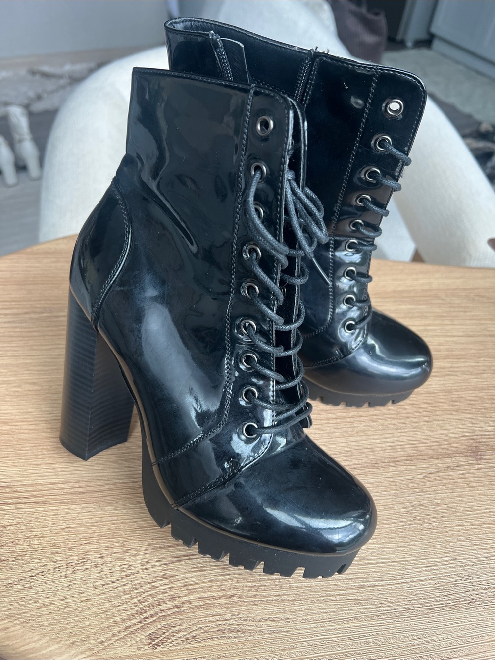 Zara Black Patent Lace-Up Platform Ankle Boots